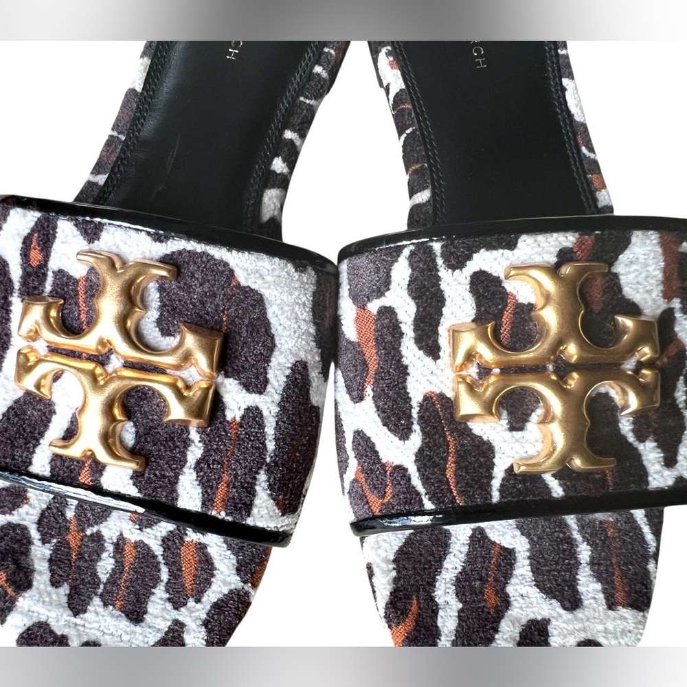 TORY BURCH ELEANOR Leather Leopard Print Gold Medallion Slide Sandals Size 8 - Picture 13 of 16